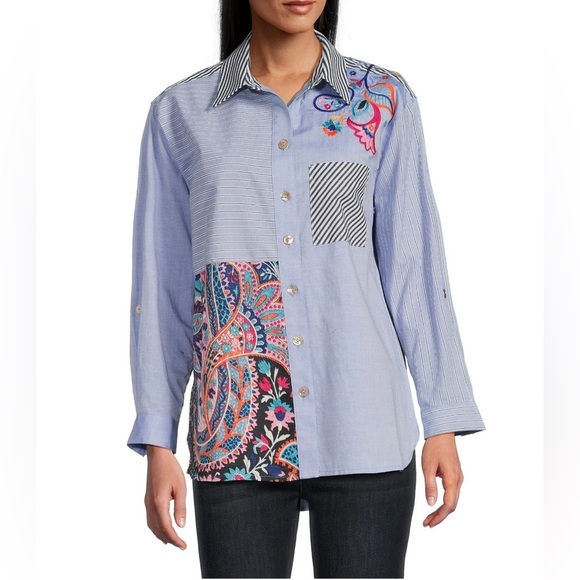 Mystree Blue Striped Floral Embroidered Button Down Shirt M - Picture 1 of 15